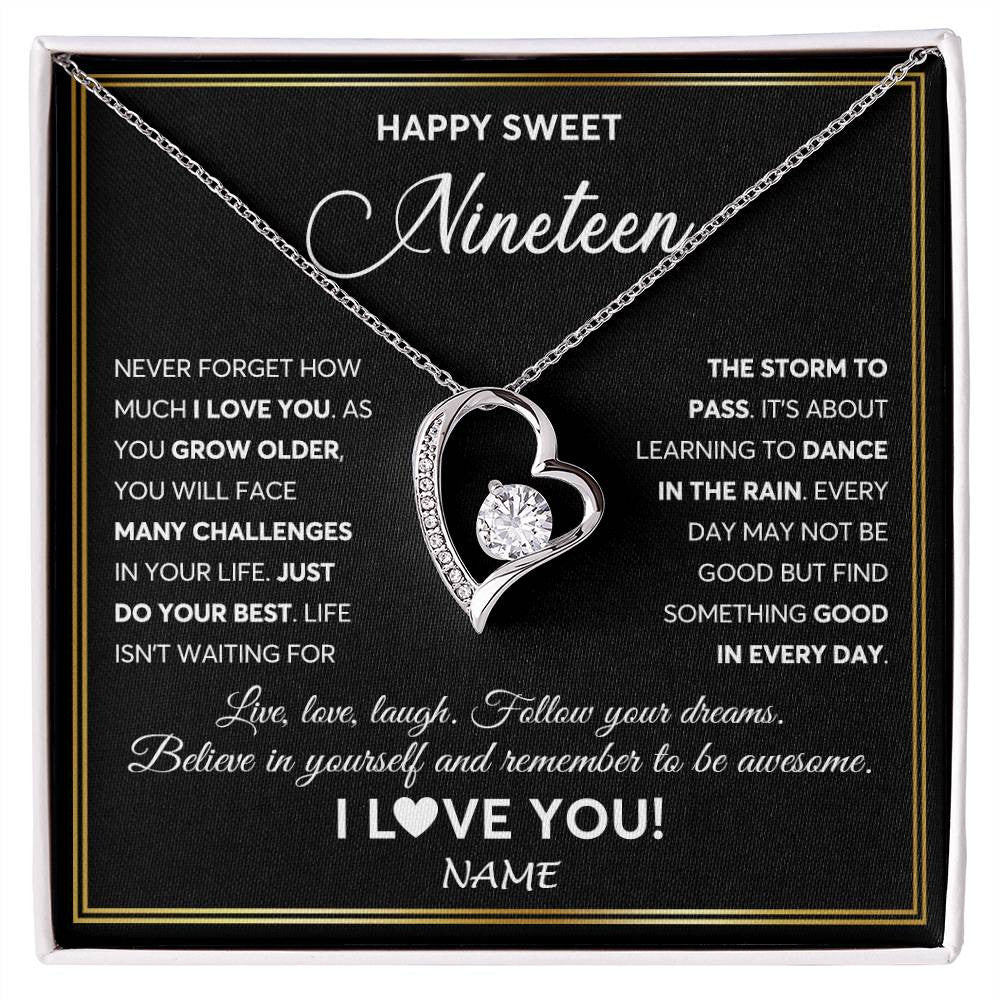 Forever Love Necklace 14K White Gold Finish | Personalized Happy Sweet Nineteen Necklace Sweet 19 Gifts For Girls Birthday Jewelry 19 Nineteen Old Niece Daughter From Mom Dad Customized Gift Box Message Card | siriusteestore