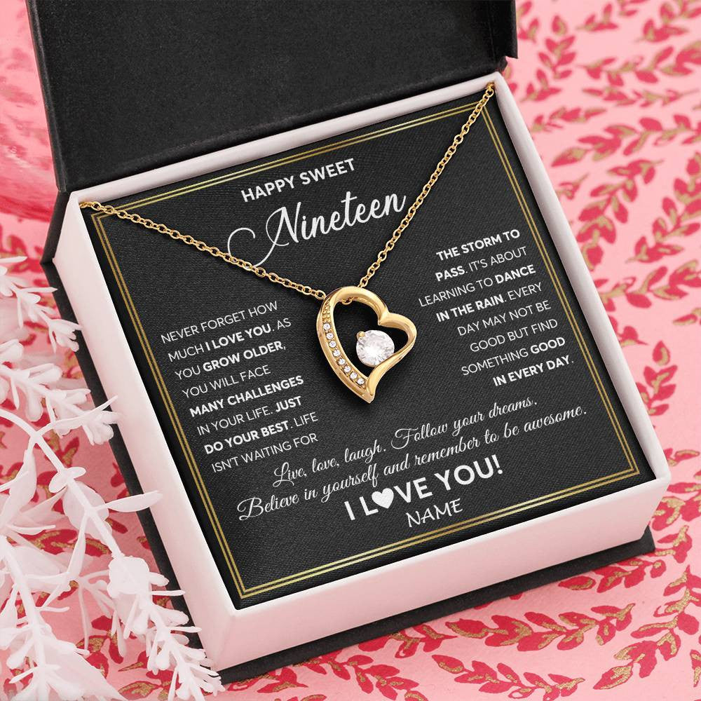 Forever Love Necklace 18K Yellow Gold Finish | Personalized Happy Sweet Nineteen Necklace Sweet 19 Gifts For Girls Birthday Jewelry 19 Nineteen Old Niece Daughter From Mom Dad Customized Gift Box Message Card | siriusteestore