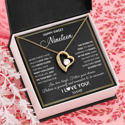 Forever Love Necklace 18K Yellow Gold Finish | Personalized Happy Sweet Nineteen Necklace Sweet 19 Gifts For Girls Birthday Jewelry 19 Nineteen Old Niece Daughter From Mom Dad Customized Gift Box Message Card | siriusteestore