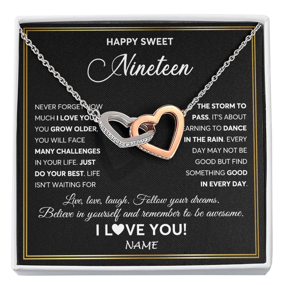 Interlocking Hearts Necklace Stainless Steel & Rose Gold Finish | Personalized Happy Sweet Nineteen Necklace Sweet 19 Gifts For Girls Birthday Jewelry 19 Nineteen Old Niece Daughter From Mom Dad Customized Gift Box Message Card | siriusteestore