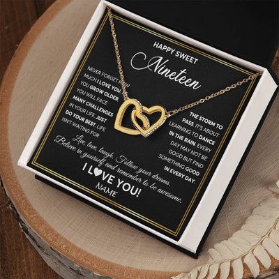 Interlocking Hearts Necklace 18K Yellow Gold Finish | Personalized Happy Sweet Nineteen Necklace Sweet 19 Gifts For Girls Birthday Jewelry 19 Nineteen Old Niece Daughter From Mom Dad Customized Gift Box Message Card | siriusteestore