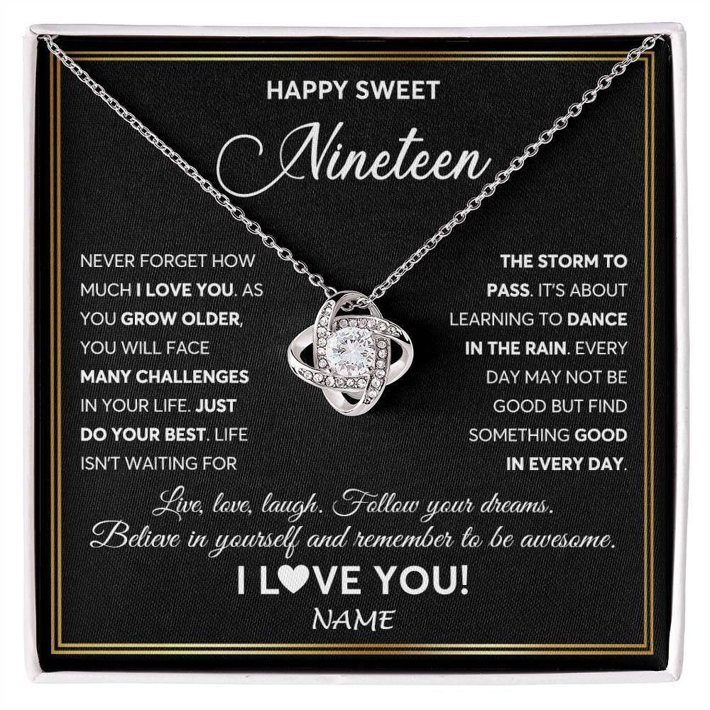 Love Knot Necklace 14K White Gold Finish | Personalized Happy Sweet Nineteen Necklace Sweet 19 Gifts For Girls Birthday Jewelry 19 Nineteen Old Niece Daughter From Mom Dad Customized Gift Box Message Card | siriusteestore