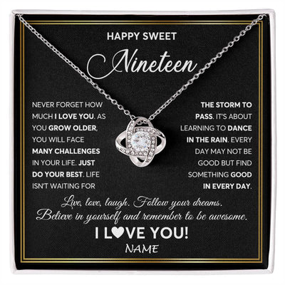 Love Knot Necklace 14K White Gold Finish | Personalized Happy Sweet Nineteen Necklace Sweet 19 Gifts For Girls Birthday Jewelry 19 Nineteen Old Niece Daughter From Mom Dad Customized Gift Box Message Card | siriusteestore