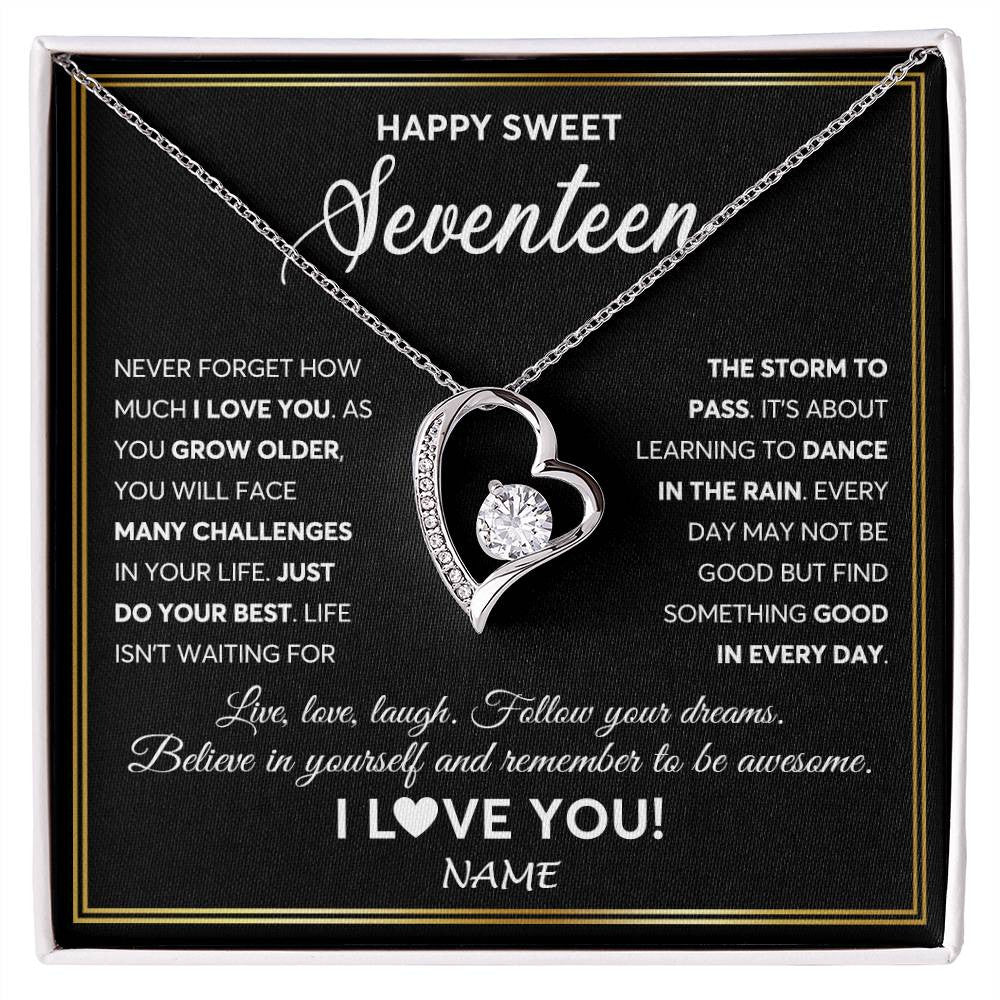 Forever Love Necklace 14K White Gold Finish | Personalized Happy Sweet Seventeen Necklace Sweet 17 Gifts For Girls Birthday Jewelry 17 Seventeen Old Niece Daughter From Mom Dad Customized Gift Box Message Card | siriusteestore