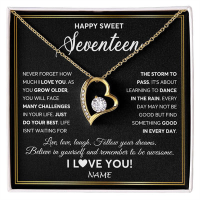 Forever Love Necklace 18K Yellow Gold Finish | Personalized Happy Sweet Seventeen Necklace Sweet 17 Gifts For Girls Birthday Jewelry 17 Seventeen Old Niece Daughter From Mom Dad Customized Gift Box Message Card | siriusteestore