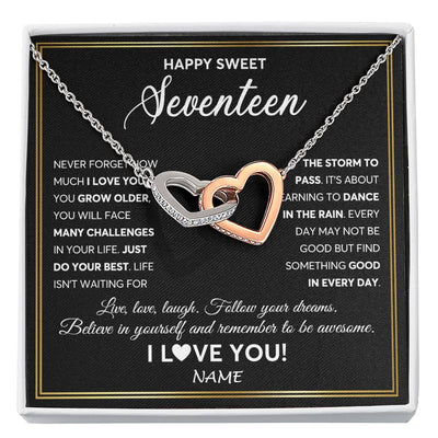 Interlocking Hearts Necklace Stainless Steel & Rose Gold Finish | Personalized Happy Sweet Seventeen Necklace Sweet 17 Gifts For Girls Birthday Jewelry 17 Seventeen Old Niece Daughter From Mom Dad Customized Gift Box Message Card | siriusteestore