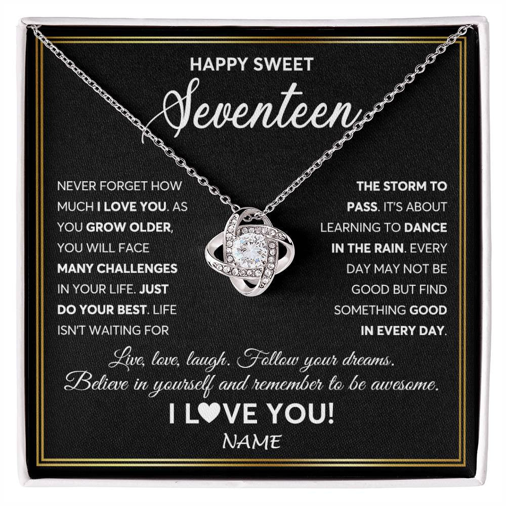 Love Knot Necklace 14K White Gold Finish | Personalized Happy Sweet Seventeen Necklace Sweet 17 Gifts For Girls Birthday Jewelry 17 Seventeen Old Niece Daughter From Mom Dad Customized Gift Box Message Card | siriusteestore