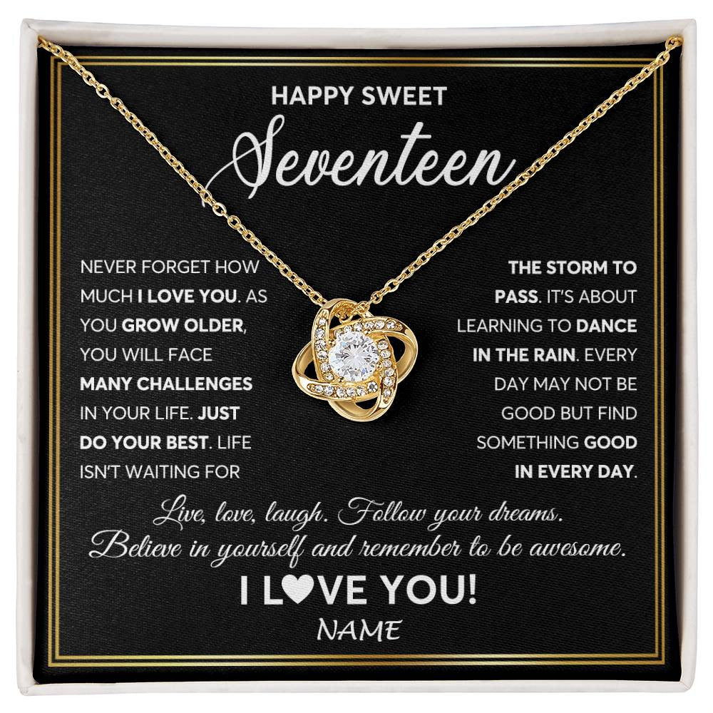 Love Knot Necklace 18K Yellow Gold Finish | Personalized Happy Sweet Seventeen Necklace Sweet 17 Gifts For Girls Birthday Jewelry 17 Seventeen Old Niece Daughter From Mom Dad Customized Gift Box Message Card | siriusteestore