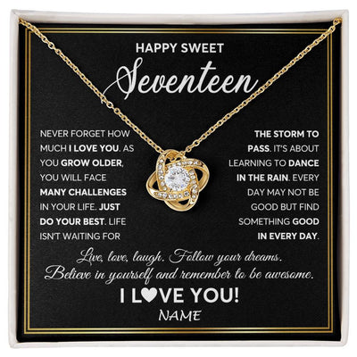 Love Knot Necklace 18K Yellow Gold Finish | Personalized Happy Sweet Seventeen Necklace Sweet 17 Gifts For Girls Birthday Jewelry 17 Seventeen Old Niece Daughter From Mom Dad Customized Gift Box Message Card | siriusteestore