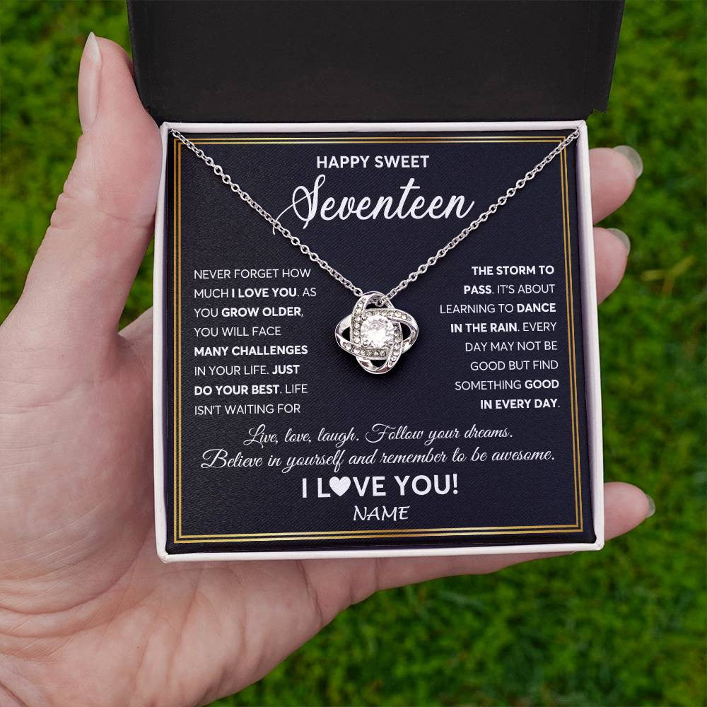Love Knot Necklace 14K White Gold Finish | Personalized Happy Sweet Seventeen Necklace Sweet 17 Gifts For Girls Birthday Jewelry 17 Seventeen Old Niece Daughter From Mom Dad Customized Gift Box Message Card | siriusteestore