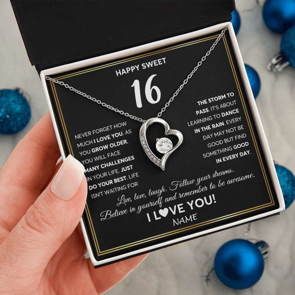Forever Love Necklace 14K White Gold Finish | Personalized Happy Sweet Sixteen Necklace Sweet 16 Gifts For Girls Birthday Jewelry 16 Sixteen Old Niece Daughter From Mom Dad Customized Gift Box Message Card | siriusteestore
