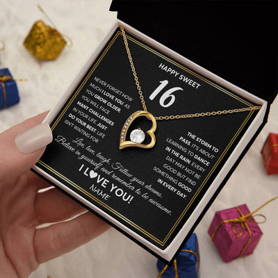 Forever Love Necklace 18K Yellow Gold Finish | Personalized Happy Sweet Sixteen Necklace Sweet 16 Gifts For Girls Birthday Jewelry 16 Sixteen Old Niece Daughter From Mom Dad Customized Gift Box Message Card | siriusteestore