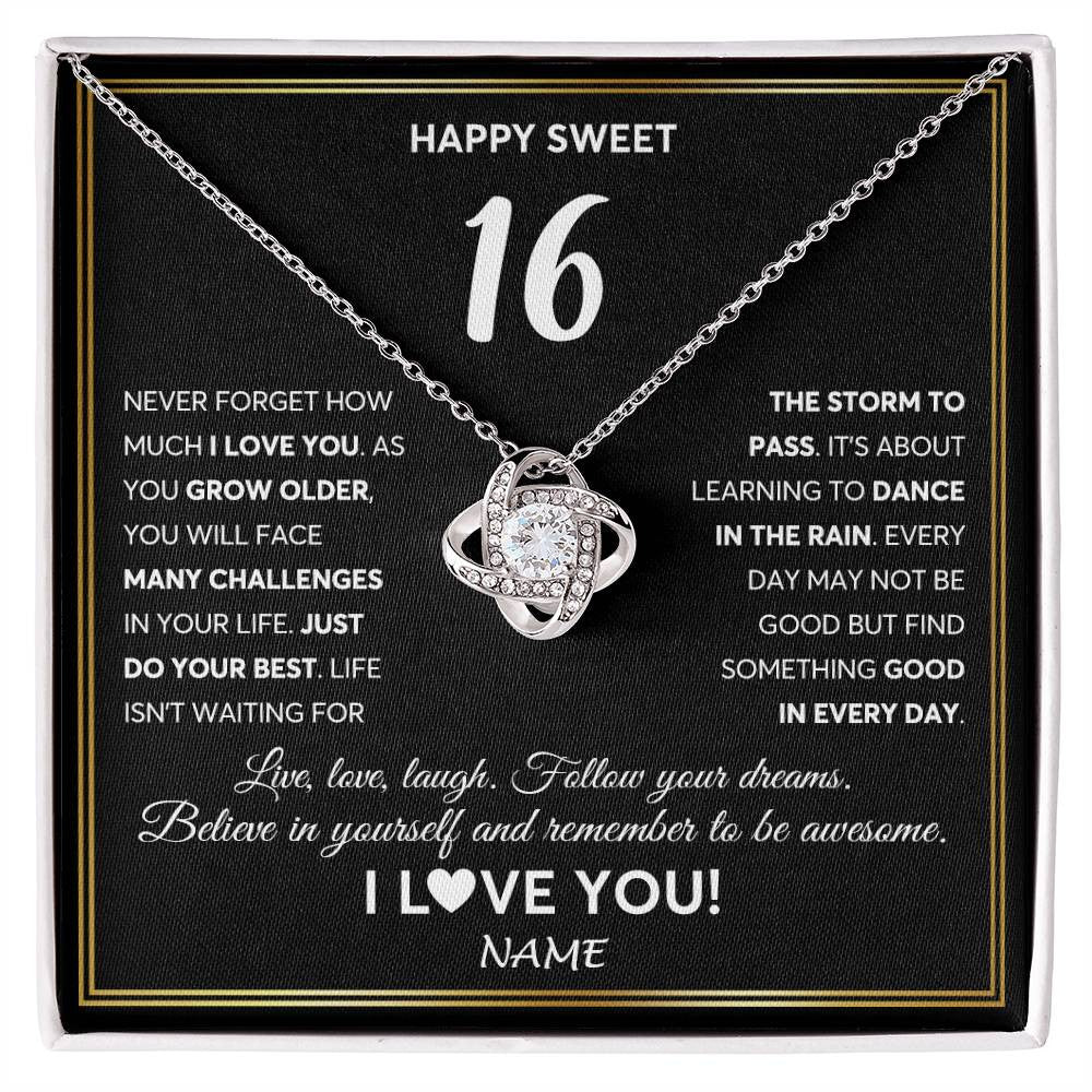 Love Knot Necklace 14K White Gold Finish | Personalized Happy Sweet Sixteen Necklace Sweet 16 Gifts For Girls Birthday Jewelry 16 Sixteen Old Niece Daughter From Mom Dad Customized Gift Box Message Card | siriusteestore