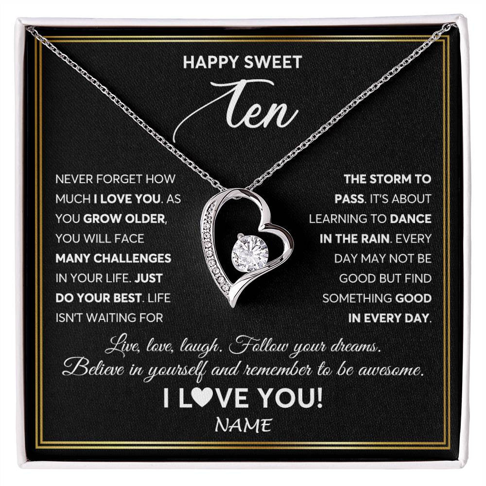 Forever Love Necklace 14K White Gold Finish | Personalized Happy Sweet Ten Necklace Sweet 10 Gifts For Girls Birthday Jewelry 10 Ten Old Niece Daughter From Mom Dad Customized Gift Box Message Card | siriusteestore