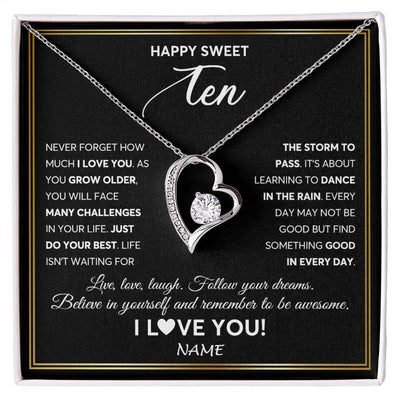 Forever Love Necklace 14K White Gold Finish | Personalized Happy Sweet Ten Necklace Sweet 10 Gifts For Girls Birthday Jewelry 10 Ten Old Niece Daughter From Mom Dad Customized Gift Box Message Card | siriusteestore