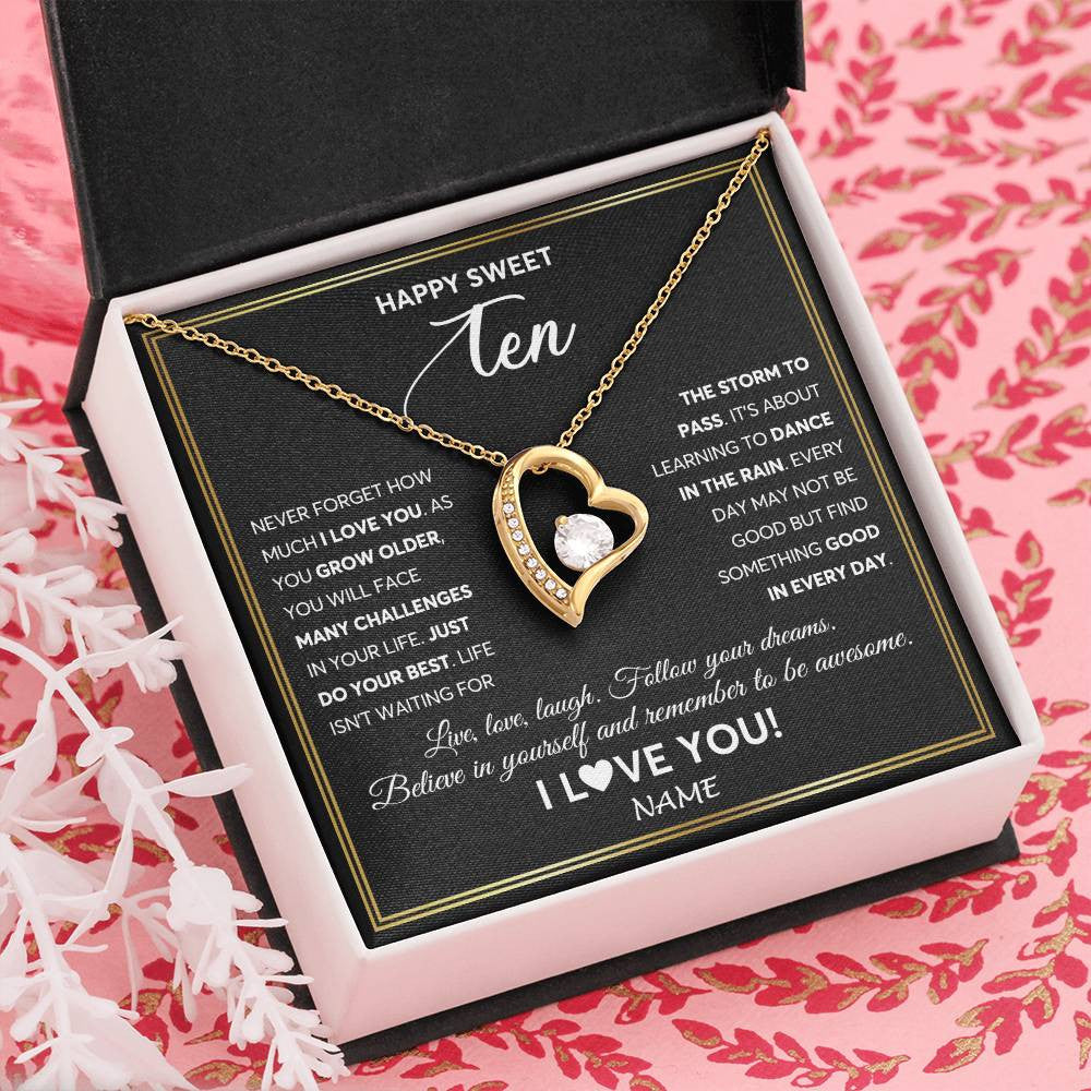 Forever Love Necklace 18K Yellow Gold Finish | Personalized Happy Sweet Ten Necklace Sweet 10 Gifts For Girls Birthday Jewelry 10 Ten Old Niece Daughter From Mom Dad Customized Gift Box Message Card | siriusteestore