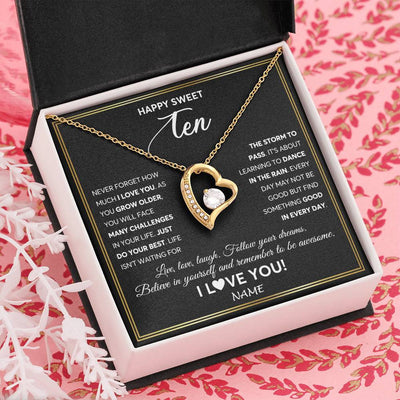 Forever Love Necklace 18K Yellow Gold Finish | Personalized Happy Sweet Ten Necklace Sweet 10 Gifts For Girls Birthday Jewelry 10 Ten Old Niece Daughter From Mom Dad Customized Gift Box Message Card | siriusteestore