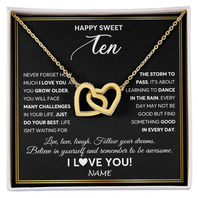 Interlocking Hearts Necklace 18K Yellow Gold Finish | Personalized Happy Sweet Ten Necklace Sweet 10 Gifts For Girls Birthday Jewelry 10 Ten Old Niece Daughter From Mom Dad Customized Gift Box Message Card | siriusteestore