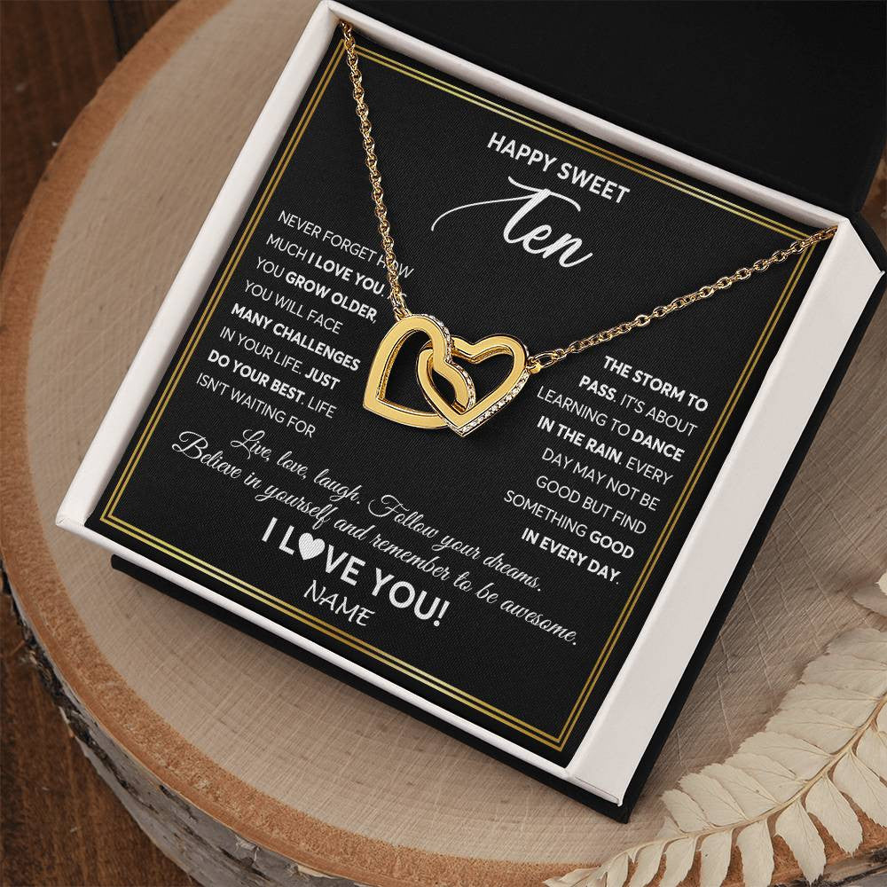 Interlocking Hearts Necklace 18K Yellow Gold Finish | Personalized Happy Sweet Ten Necklace Sweet 10 Gifts For Girls Birthday Jewelry 10 Ten Old Niece Daughter From Mom Dad Customized Gift Box Message Card | siriusteestore