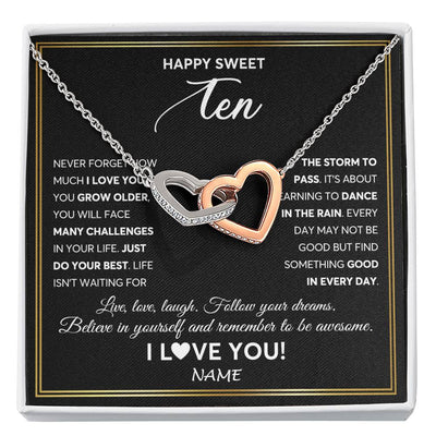 Interlocking Hearts Necklace Stainless Steel & Rose Gold Finish | Personalized Happy Sweet Ten Necklace Sweet 10 Gifts For Girls Birthday Jewelry 10 Ten Old Niece Daughter From Mom Dad Customized Gift Box Message Card | siriusteestore