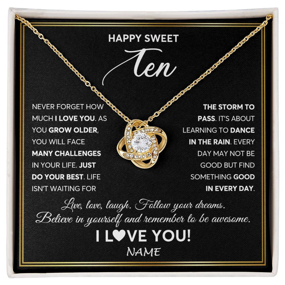 Love Knot Necklace 18K Yellow Gold Finish | Personalized Happy Sweet Ten Necklace Sweet 10 Gifts For Girls Birthday Jewelry 10 Ten Old Niece Daughter From Mom Dad Customized Gift Box Message Card | siriusteestore