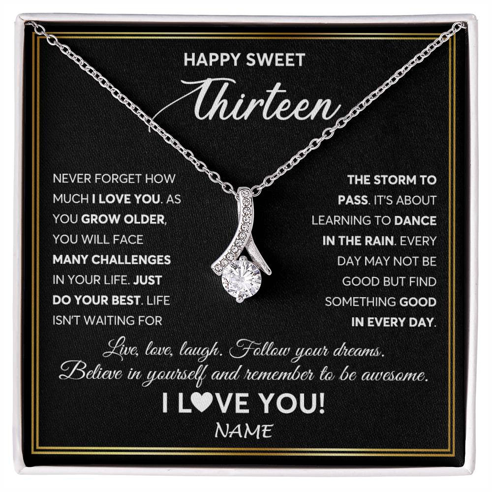 Alluring Beauty Necklace 14K White Gold Finish | Personalized Happy Sweet Thirteen Necklace Sweet 13 Gifts For Girls Birthday Jewelry 13 Thirteen Old Niece Daughter From Mom Dad Customized Gift Box Message Card | siriusteestore