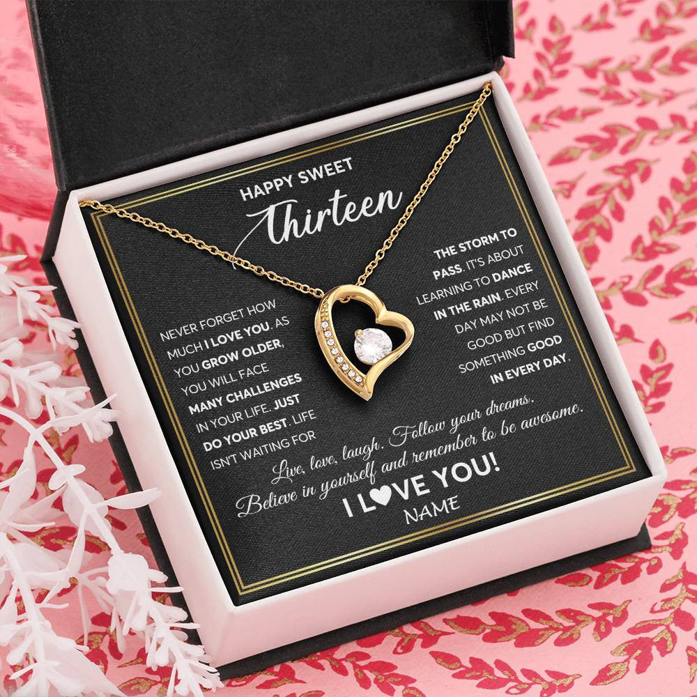 Forever Love Necklace 18K Yellow Gold Finish | Personalized Happy Sweet Thirteen Necklace Sweet 13 Gifts For Girls Birthday Jewelry 13 Thirteen Old Niece Daughter From Mom Dad Customized Gift Box Message Card | siriusteestore