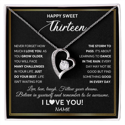 Forever Love Necklace 14K White Gold Finish | Personalized Happy Sweet Thirteen Necklace Sweet 13 Gifts For Girls Birthday Jewelry 13 Thirteen Old Niece Daughter From Mom Dad Customized Gift Box Message Card | siriusteestore