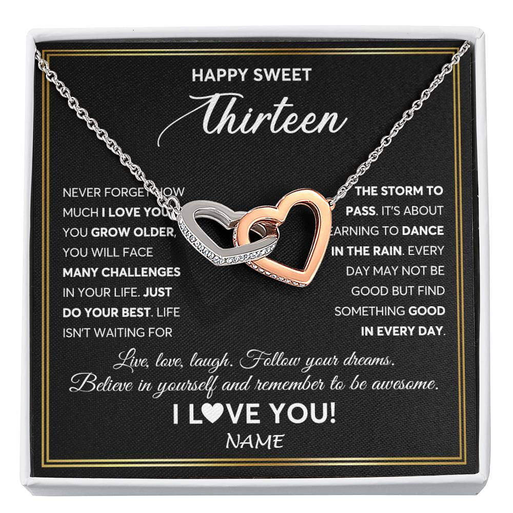 Interlocking Hearts Necklace Stainless Steel & Rose Gold Finish | Personalized Happy Sweet Thirteen Necklace Sweet 13 Gifts For Girls Birthday Jewelry 13 Thirteen Old Niece Daughter From Mom Dad Customized Gift Box Message Card | siriusteestore