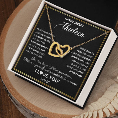 Interlocking Hearts Necklace 18K Yellow Gold Finish | Personalized Happy Sweet Thirteen Necklace Sweet 13 Gifts For Girls Birthday Jewelry 13 Thirteen Old Niece Daughter From Mom Dad Customized Gift Box Message Card | siriusteestore