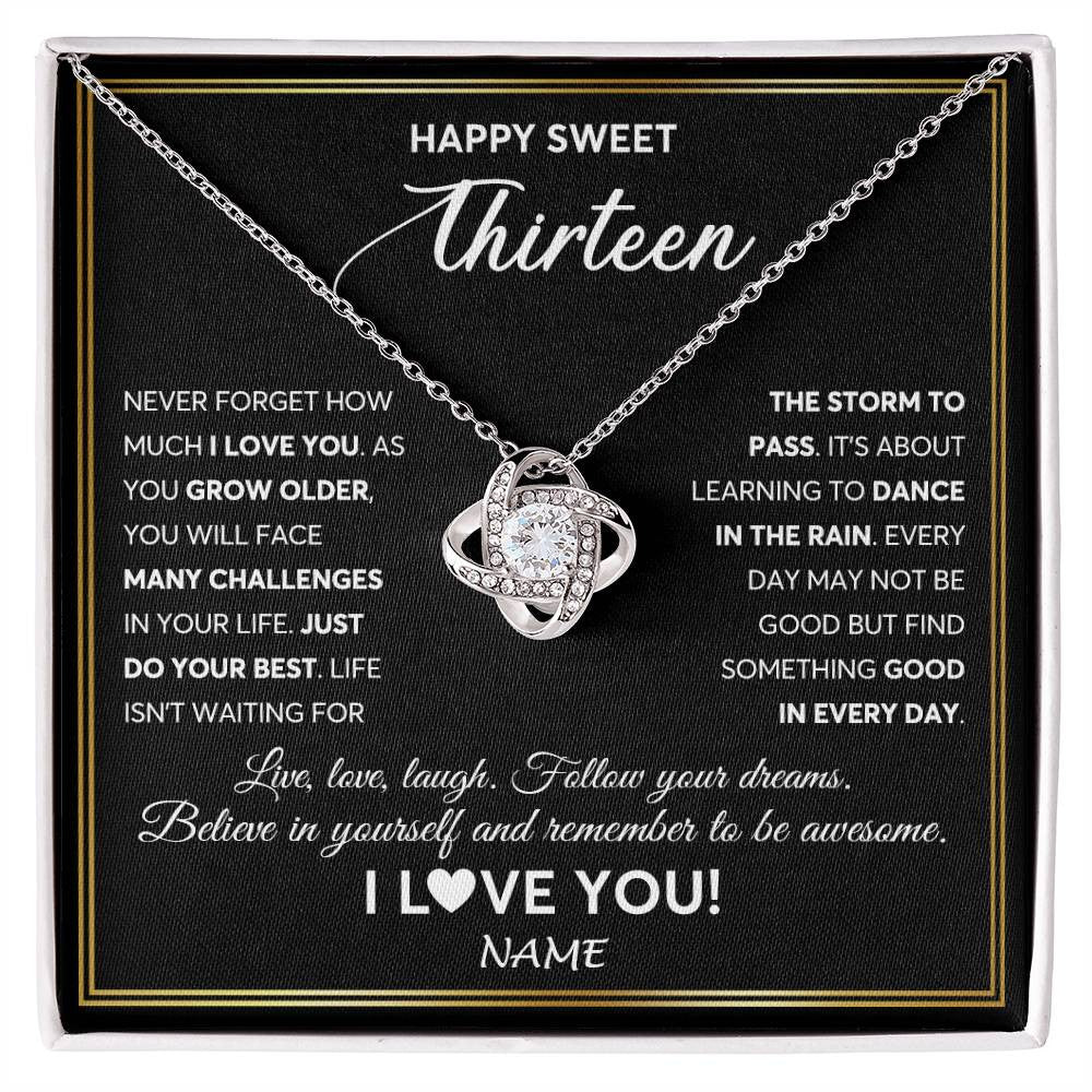 Love Knot Necklace 14K White Gold Finish | Personalized Happy Sweet Thirteen Necklace Sweet 13 Gifts For Girls Birthday Jewelry 13 Thirteen Old Niece Daughter From Mom Dad Customized Gift Box Message Card | siriusteestore