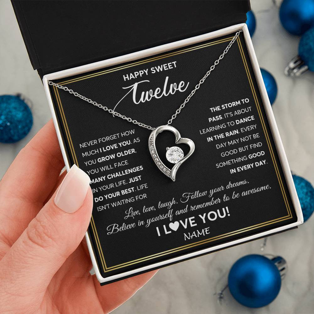 Forever Love Necklace 14K White Gold Finish | Personalized Happy Sweet Twelve Necklace Sweet 12 Gifts For Girls Birthday Jewelry 12 Twelve Old Niece Daughter From Mom Dad Customized Gift Box Message Card | siriusteestore