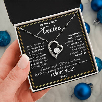 Forever Love Necklace 14K White Gold Finish | Personalized Happy Sweet Twelve Necklace Sweet 12 Gifts For Girls Birthday Jewelry 12 Twelve Old Niece Daughter From Mom Dad Customized Gift Box Message Card | siriusteestore