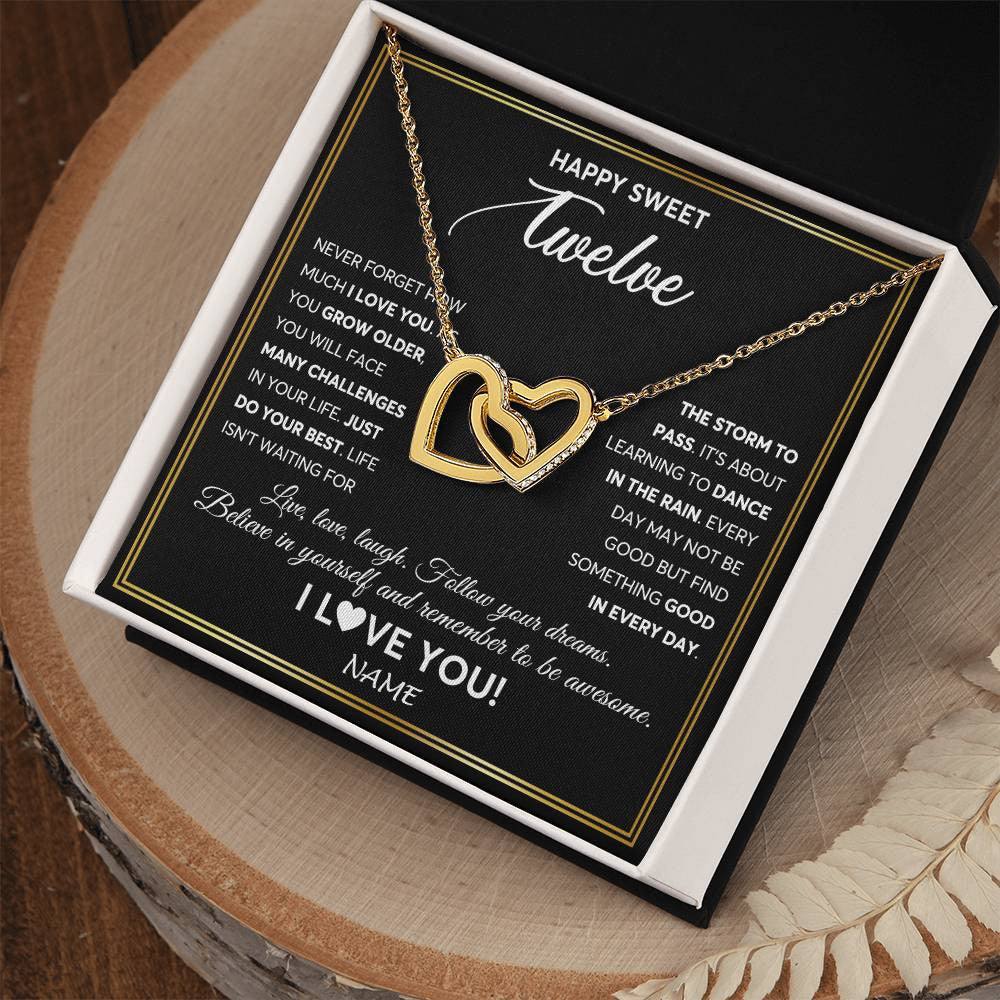Interlocking Hearts Necklace 18K Yellow Gold Finish | Personalized Happy Sweet Twelve Necklace Sweet 12 Gifts For Girls Birthday Jewelry 12 Twelve Old Niece Daughter From Mom Dad Customized Gift Box Message Card | siriusteestore