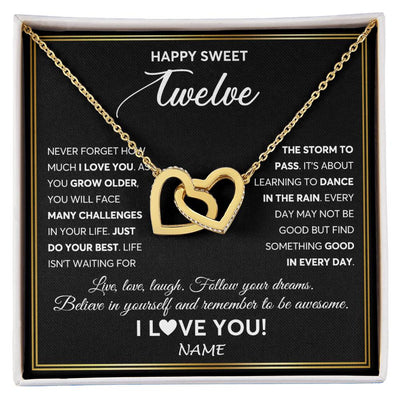 Interlocking Hearts Necklace 18K Yellow Gold Finish | Personalized Happy Sweet Twelve Necklace Sweet 12 Gifts For Girls Birthday Jewelry 12 Twelve Old Niece Daughter From Mom Dad Customized Gift Box Message Card | siriusteestore