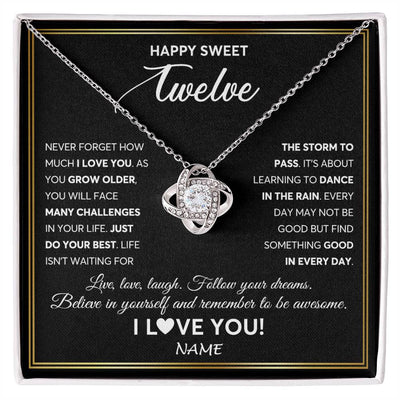 Love Knot Necklace 14K White Gold Finish | Personalized Happy Sweet Twelve Necklace Sweet 12 Gifts For Girls Birthday Jewelry 12 Twelve Old Niece Daughter From Mom Dad Customized Gift Box Message Card | siriusteestore