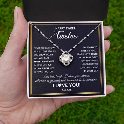 Love Knot Necklace 14K White Gold Finish | Personalized Happy Sweet Twelve Necklace Sweet 12 Gifts For Girls Birthday Jewelry 12 Twelve Old Niece Daughter From Mom Dad Customized Gift Box Message Card | siriusteestore