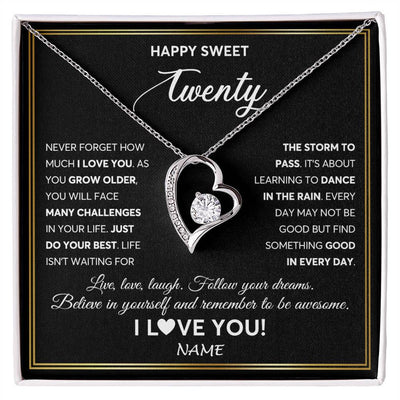 Forever Love Necklace 14K White Gold Finish | Personalized Happy Sweet Twenty Necklace Sweet 20 Gifts For Girls Birthday Jewelry 20 Twenty Old Niece Daughter From Mom Dad Customized Gift Box Message Card | siriusteestore
