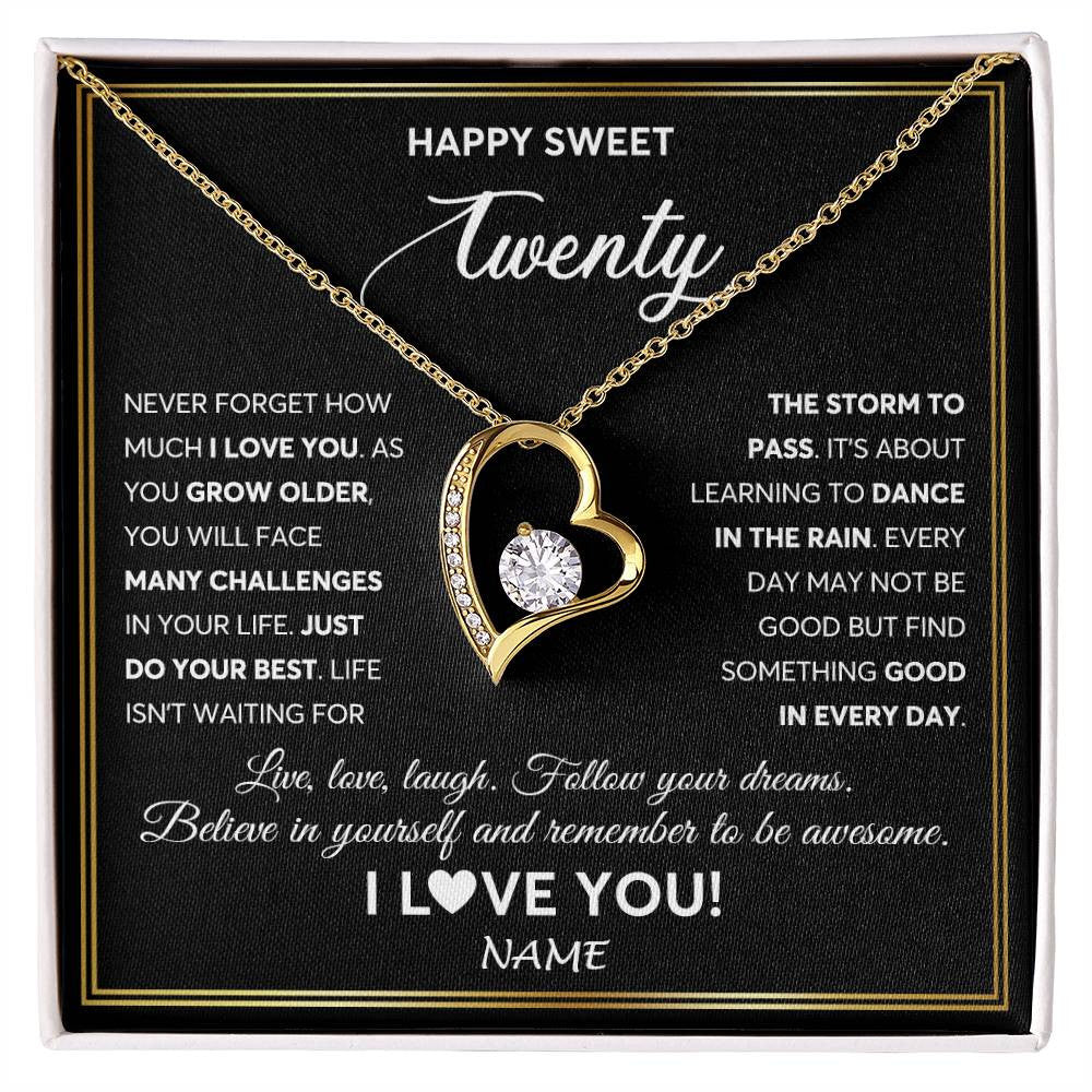 Forever Love Necklace 18K Yellow Gold Finish | Personalized Happy Sweet Twenty Necklace Sweet 20 Gifts For Girls Birthday Jewelry 20 Twenty Old Niece Daughter From Mom Dad Customized Gift Box Message Card | siriusteestore