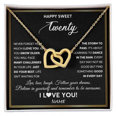 Interlocking Hearts Necklace 18K Yellow Gold Finish | Personalized Happy Sweet Twenty Necklace Sweet 20 Gifts For Girls Birthday Jewelry 20 Twenty Old Niece Daughter From Mom Dad Customized Gift Box Message Card | siriusteestore