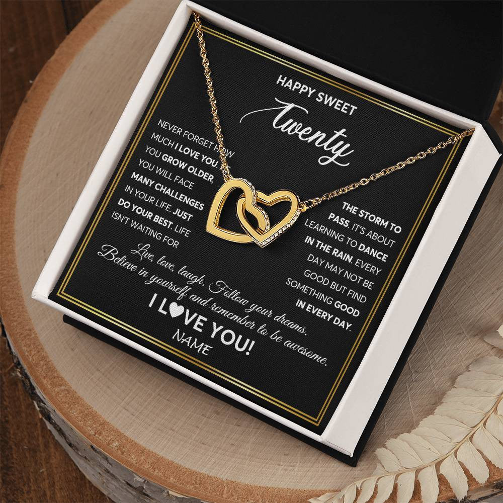 Interlocking Hearts Necklace 18K Yellow Gold Finish | Personalized Happy Sweet Twenty Necklace Sweet 20 Gifts For Girls Birthday Jewelry 20 Twenty Old Niece Daughter From Mom Dad Customized Gift Box Message Card | siriusteestore
