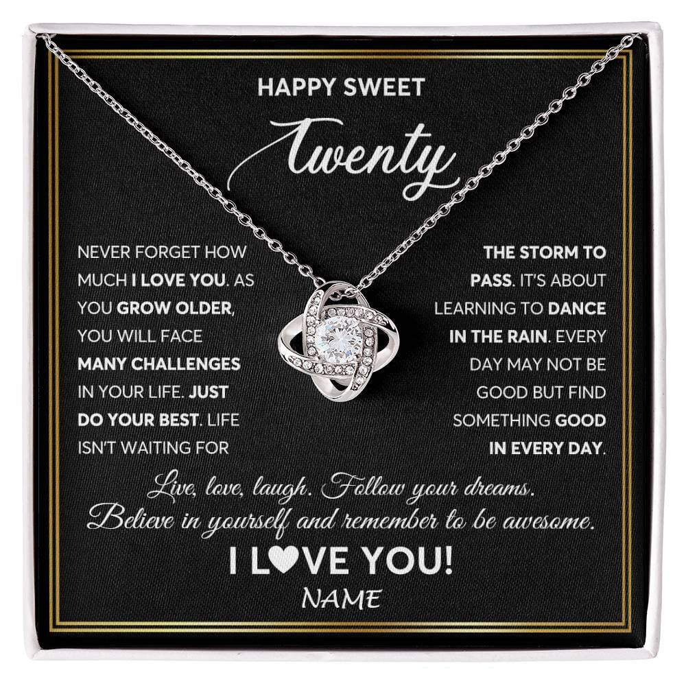 Love Knot Necklace 14K White Gold Finish | Personalized Happy Sweet Twenty Necklace Sweet 20 Gifts For Girls Birthday Jewelry 20 Twenty Old Niece Daughter From Mom Dad Customized Gift Box Message Card | siriusteestore