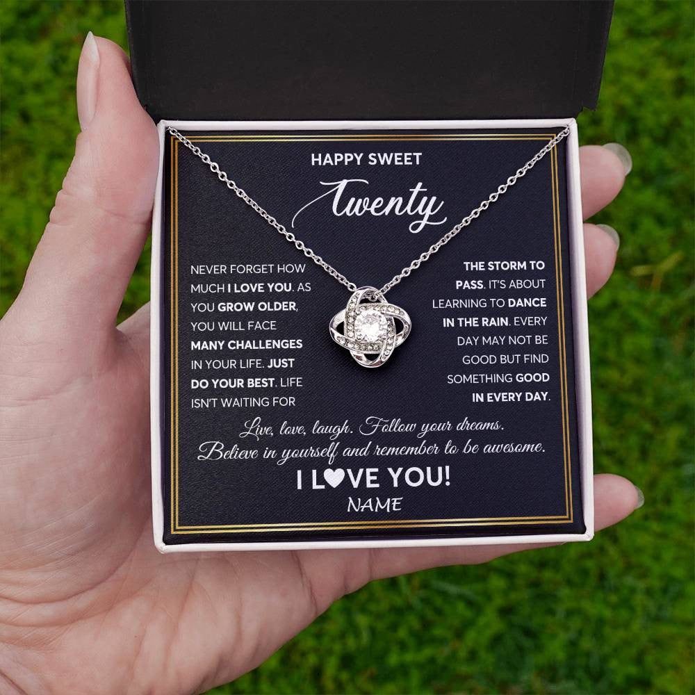 Love Knot Necklace 14K White Gold Finish | Personalized Happy Sweet Twenty Necklace Sweet 20 Gifts For Girls Birthday Jewelry 20 Twenty Old Niece Daughter From Mom Dad Customized Gift Box Message Card | siriusteestore