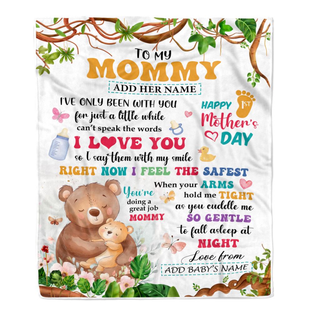 Personalized Hi Mommy From Baby Bump Blanket Cute Bear Custom Baby's Name Happy First Time 1st Mother's Day For New Mom Customized Bed Fleece Blanket | siriusteestore