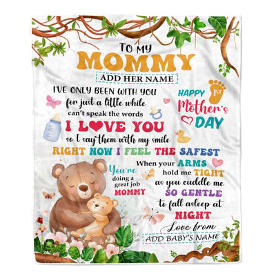 Personalized Hi Mommy From Baby Bump Blanket Cute Bear Custom Baby's Name Happy First Time 1st Mother's Day For New Mom Customized Bed Fleece Blanket | siriusteestore