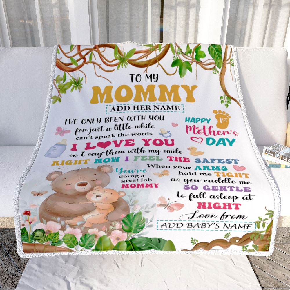 Personalized Hi Mommy From Baby Bump Blanket Cute Bear Custom Baby's Name Happy First Time 1st Mother's Day For New Mom Customized Bed Fleece Blanket | siriusteestore