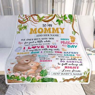 Personalized Hi Mommy From Baby Bump Blanket Cute Bear Custom Baby's Name Happy First Time 1st Mother's Day For New Mom Customized Bed Fleece Blanket | siriusteestore