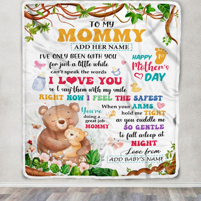 Personalized Hi Mommy From Baby Bump Blanket Cute Bear Custom Baby's Name Happy First Time 1st Mother's Day For New Mom Customized Bed Fleece Blanket | siriusteestore