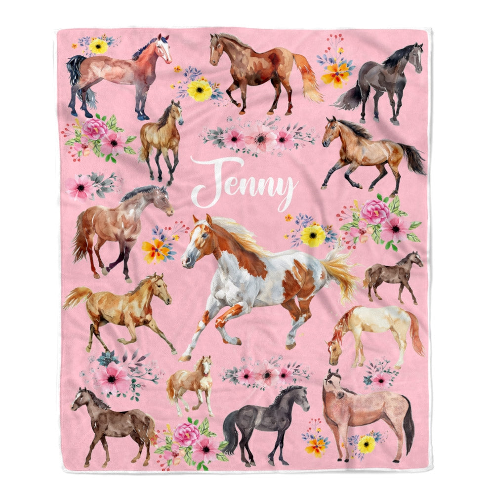 Personalized Horse Blanket For Girl Kids Women Horses Flower Floral For Daughter Niece Granddaughter Birthday Christmas Customized Bed Fleece Throw Blanket | siriusteestore