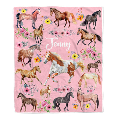 Personalized Horse Blanket For Girl Kids Women Horses Flower Floral For Daughter Niece Granddaughter Birthday Christmas Customized Bed Fleece Throw Blanket | siriusteestore